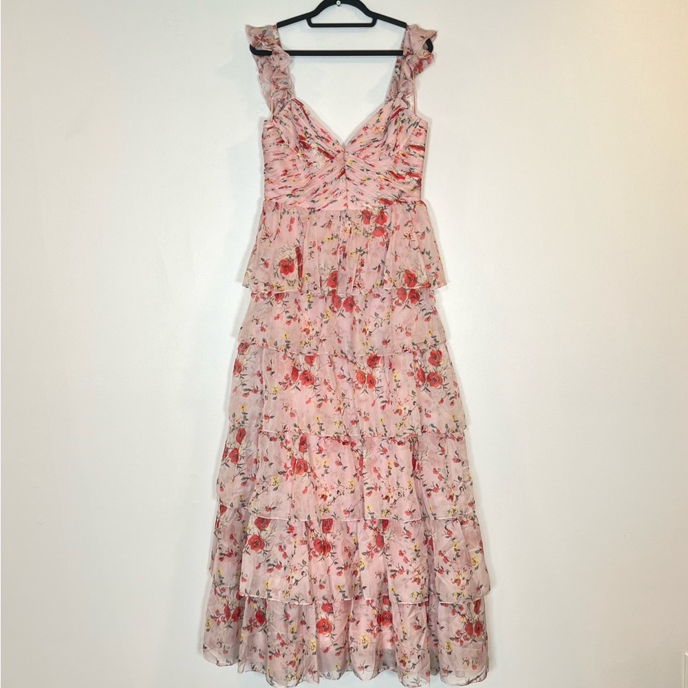Mac Duggal 55816 Womens Pink Ruffled Sleeveless Draped Tiered Floral Print Gown - Picture 4 of 15
